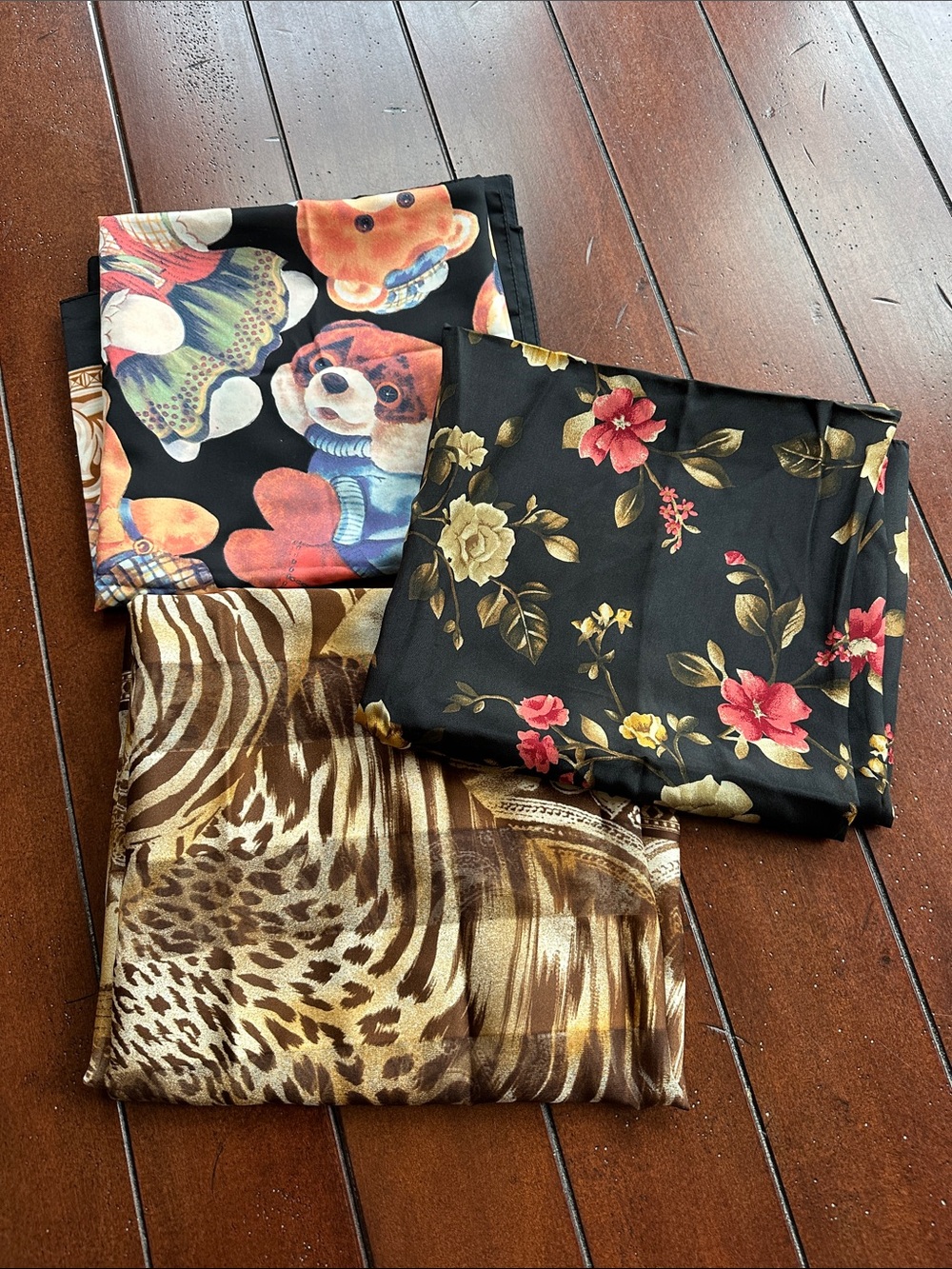 Three Square Scarves Floral, Animal Print, Teddy Bears.
